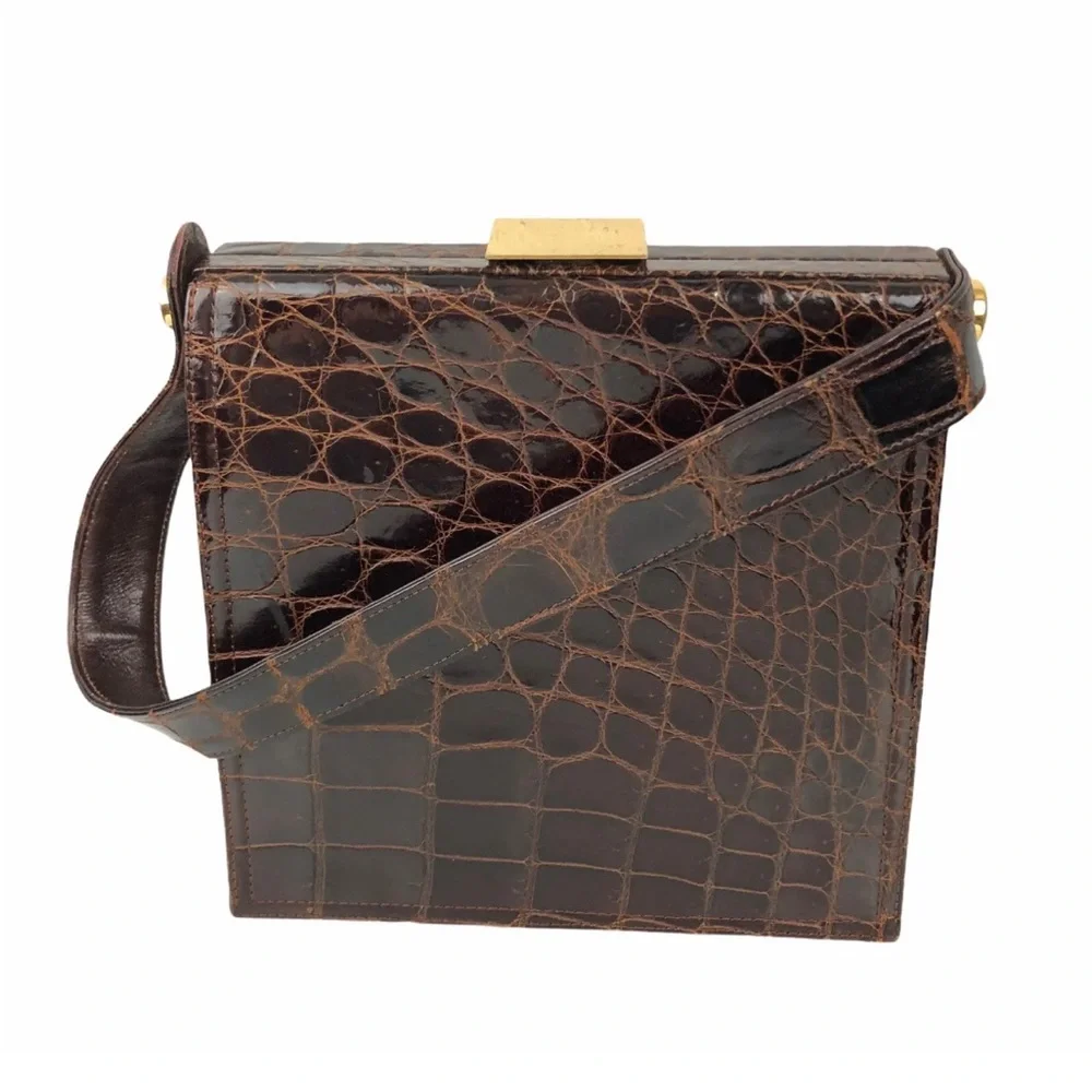 VTG Mark Cross Satchel Box Bag Brown Alligator Leather Gold Hardware Dust Bag